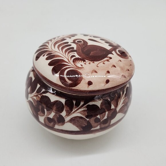Mexican Hand Painted Ceramic Trinket Box With Floral & Bird Brown 3" Diameter - Picture 1 of 7